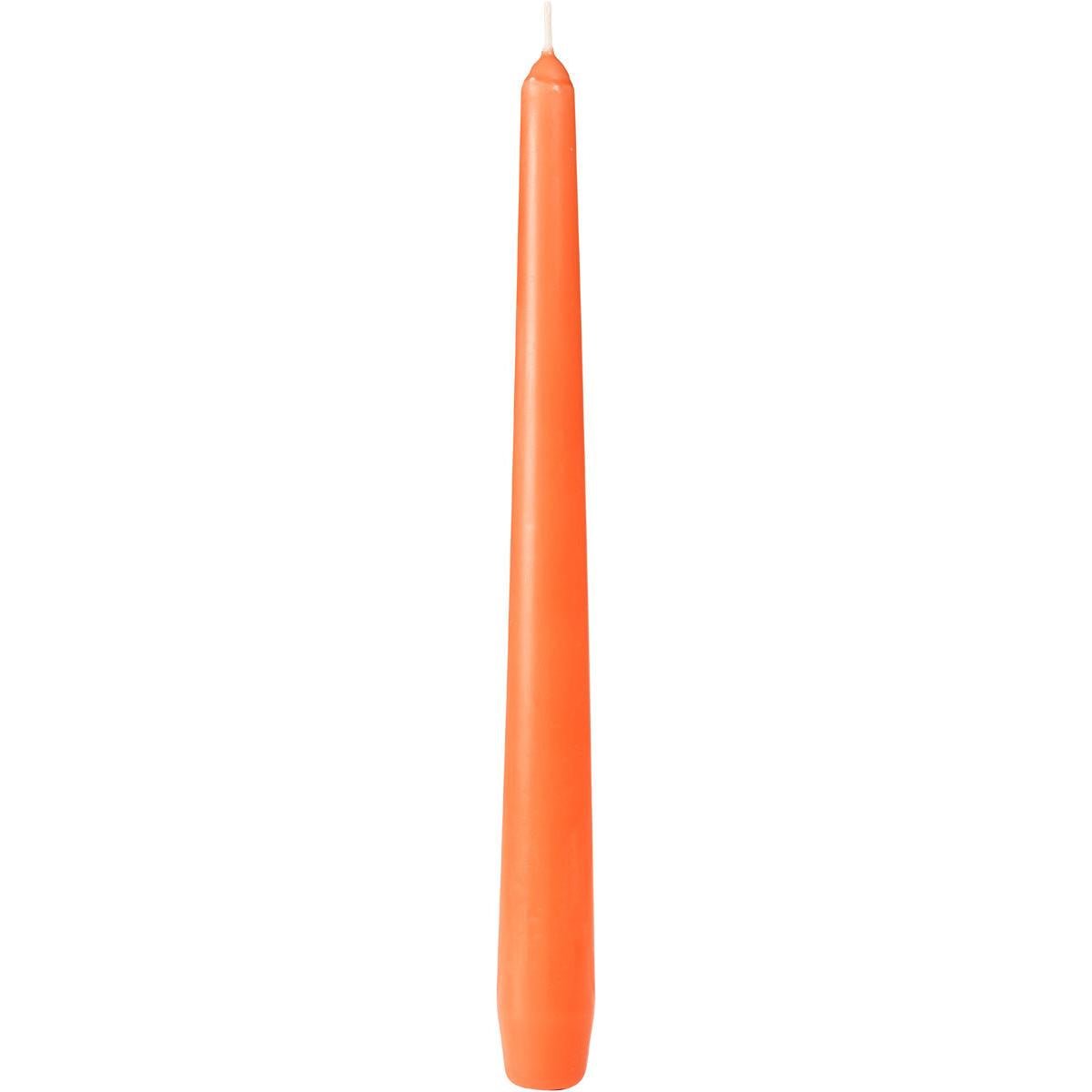 An unlit orange Duni GmbH taper candle (approx. 7h, 250 x 22 mm) stands upright against a white background.