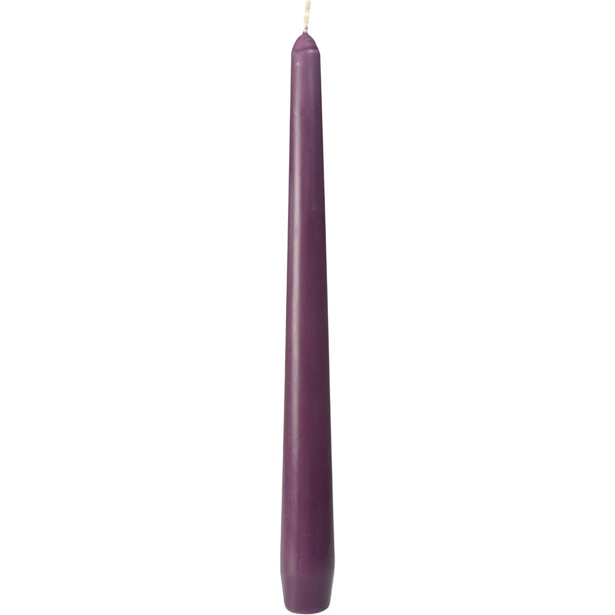 A single unlit violet taper candle from Duni GmbH (approx. 7h, 250 x 22 mm) with a visible wick stands upright against a white background.