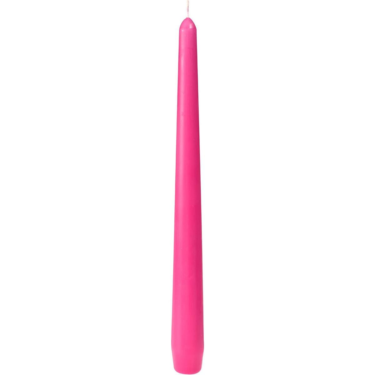 A bright pink taper candle from Duni GmbH (250 x 22 mm, approx. 7h burn time) stands upright with a smooth surface and visible wick against a white background.