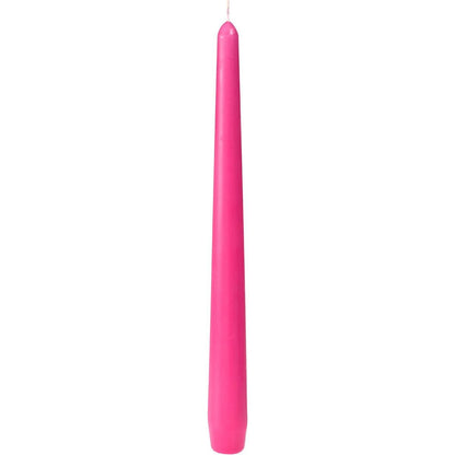 A bright pink taper candle from Duni GmbH (250 x 22 mm, approx. 7h burn time) stands upright with a smooth surface and visible wick against a white background.