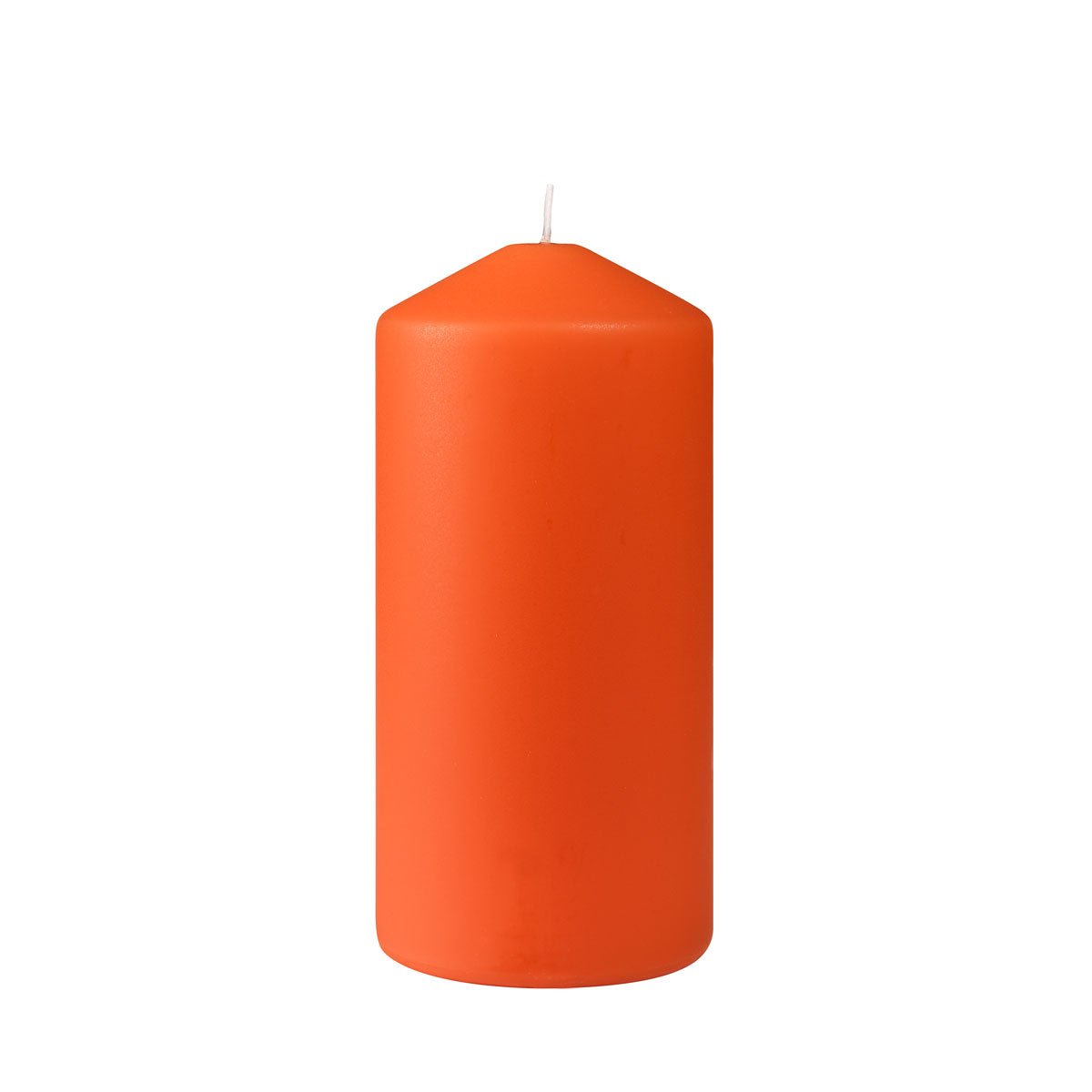 The Duni GmbH pillar candles, approx. 50h (150 x 70 mm), is a simple orange cylindrical candle with a flat base and white wick, standing upright against a white background. It offers an impressive burn time of approx. 50 hours.