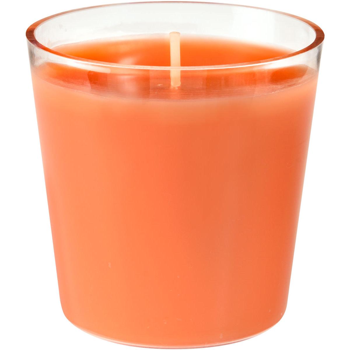 A close-up of the refill Switch & Shine from Duni GmbH, an orange wax candle (about 30 hours, 65 x 65 mm) in a clear glass container, with a centered wick on the smooth, unlit surface for a long burn time.