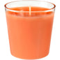 A close-up of the refill Switch & Shine from Duni GmbH, an orange wax candle (about 30 hours, 65 x 65 mm) in a clear glass container, with a centered wick on the smooth, unlit surface for a long burn time.