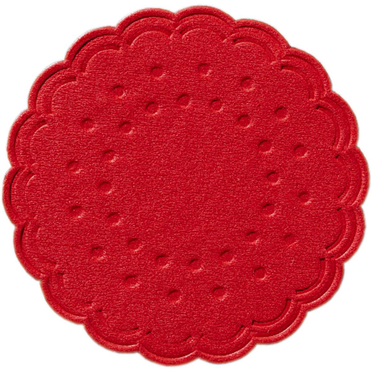 A flat, round, red coaster (Ø 7.5 cm) from Duni GmbH with scalloped edges and symmetrical pattern, here on a white background. Available in sets of 8 or packs of 250 for drinks.