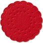 A flat, round, red coaster (Ø 7.5 cm) from Duni GmbH with scalloped edges and symmetrical pattern, here on a white background. Available in sets of 8 or packs of 250 for drinks.