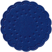 A round, dark blue coaster (Ø 7.5 cm) from Duni GmbH with a wavy edge and dot pattern, shown from above on a white background. Available as an 8-piece set or as a 250-pack for drinks.