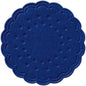 A round, dark blue coaster (Ø 7.5 cm) from Duni GmbH with a wavy edge and dot pattern, shown from above on a white background. Available as an 8-piece set or as a 250-pack for drinks.