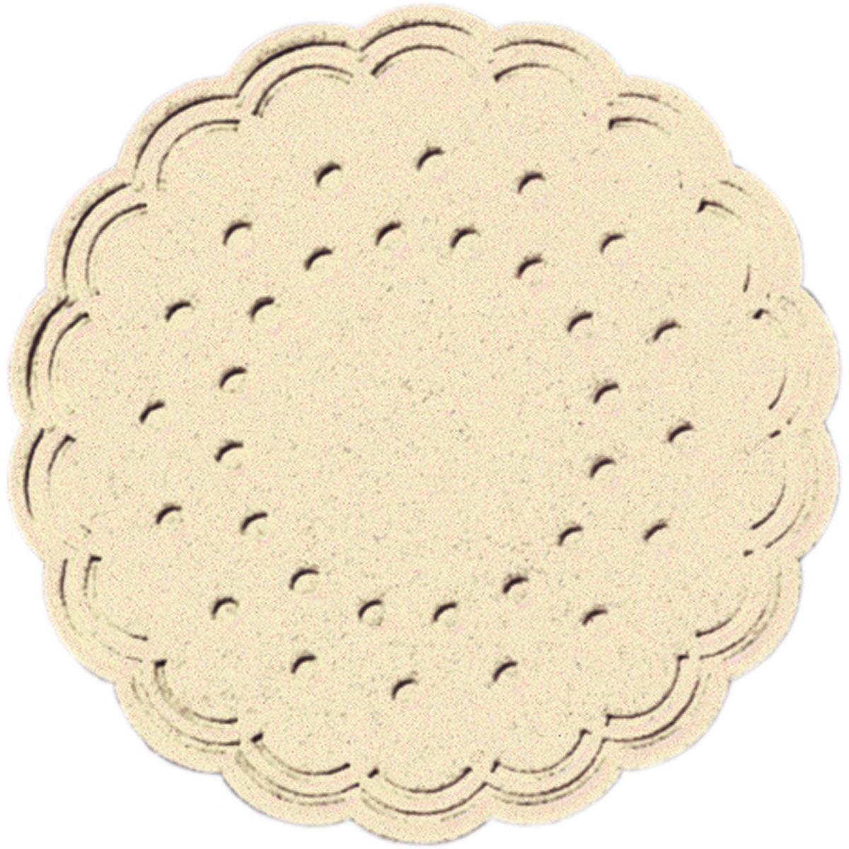 A round, beige cookie with wavy edges and evenly distributed holes fits perfectly on the Duni GmbH coaster (Ø 7.5 cm), cream-colored, stylishly designed, and available in packs of 250.