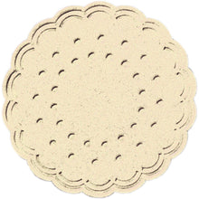 A round, beige cookie with wavy edges and evenly distributed holes fits perfectly on the Duni GmbH coaster (Ø 7.5 cm), cream-colored, stylishly designed, and available in packs of 250.