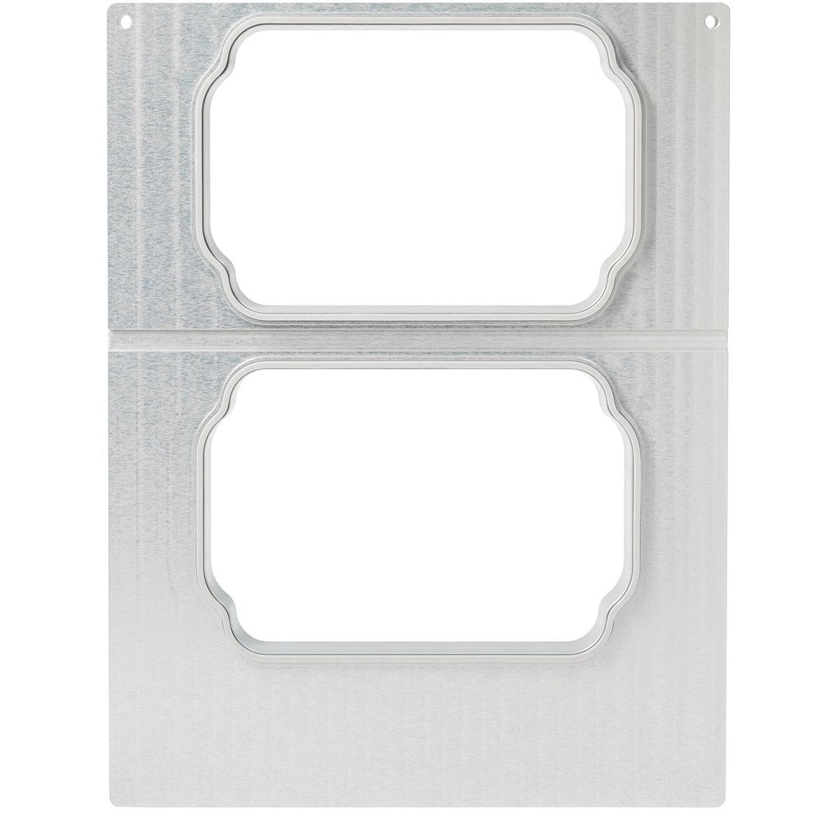 A silver sheet with two rounded rectangular cutouts, matching the cassette DF15/25 for PP tray Take Away 900 ml (2-use) from Duni GmbH, arranged one above the other and adorned with decorative edges.