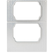 A silver sheet with two rounded rectangular cutouts, matching the cassette DF15/25 for PP tray Take Away 900 ml (2-use) from Duni GmbH, arranged one above the other and adorned with decorative edges.