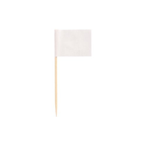 A small, simple white rectangular flag from PAPSTAR GmbH – PAPSTAR 500 Deco-Picker 8 cm white – is presented on a wooden pick against a white background and is ideal for stylish presentations.