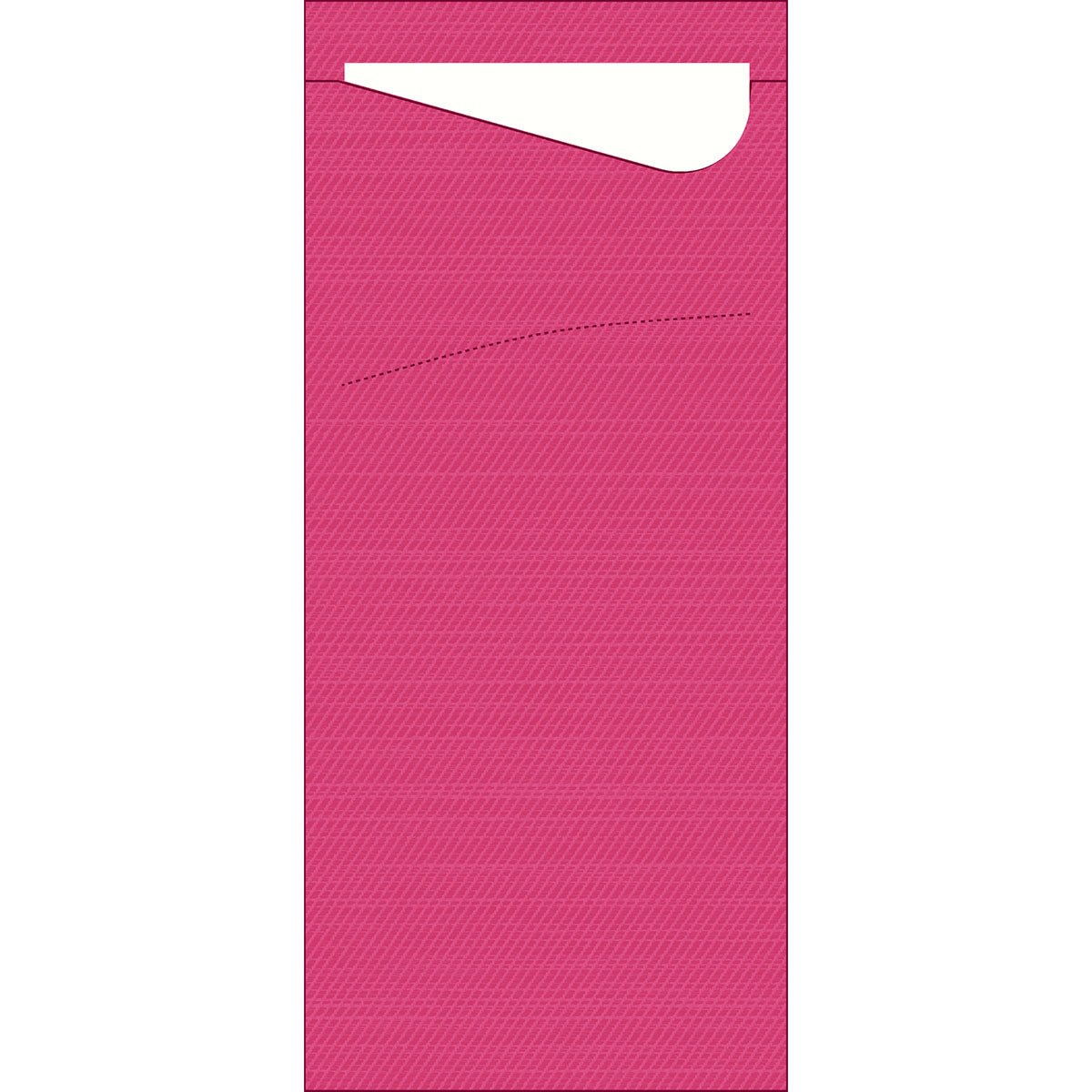 A rectangular, textured, light pink envelope from Duni GmbH measuring 190 x 85 mm, with a diagonal, partially open flap revealing a white card - ideal for Sacchetto tissue 190 x 85 mm or disposable tissues.