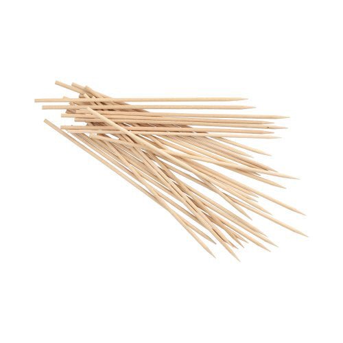 A stack of PAPSTAR wooden skewer sticks "pure", Ø 3.5 mm, 20 cm long (1000 pieces), by PAPSTAR GmbH, with pointed wooden ends on a white background.