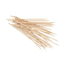 A stack of PAPSTAR wooden skewer sticks "pure", Ø 3.5 mm, 20 cm long (1000 pieces), by PAPSTAR GmbH, with pointed wooden ends on a white background.