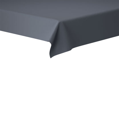 A close-up of a table corner covered with a solid dark gray Duni GmbH Evolin tablecloth 127 x 127 cm. The background is white, and the durable tablecloth drapes softly over the edge.