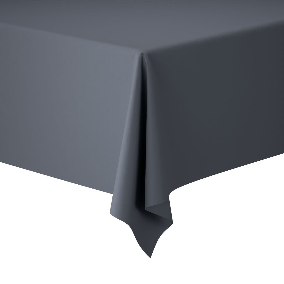 A close-up of the corner of a rectangular table covered with an elegant Evolin tablecloth 127 x 180 cm from Duni GmbH. The background is white, the fabric is gently draped over the edge.