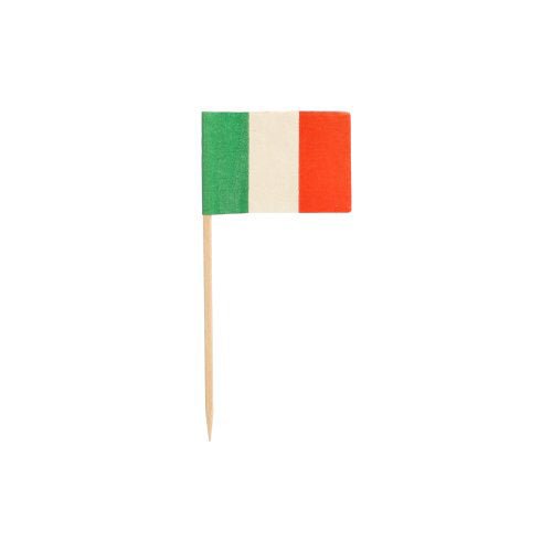 The PAPSTAR 500 Deco-Picker 8 cm white from PAPSTAR GmbH is a small, eco-friendly toothpick flag with vertical green-white-red stripes – ideal for stylish presentations against a simple white background.