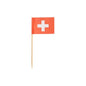 The decoration pick PAPSTAR 100 from PAPSTAR GmbH features small Swiss flags with a white cross on a red background, mounted on wooden sticks – perfect for stylish presentations or as an accent for buffets.