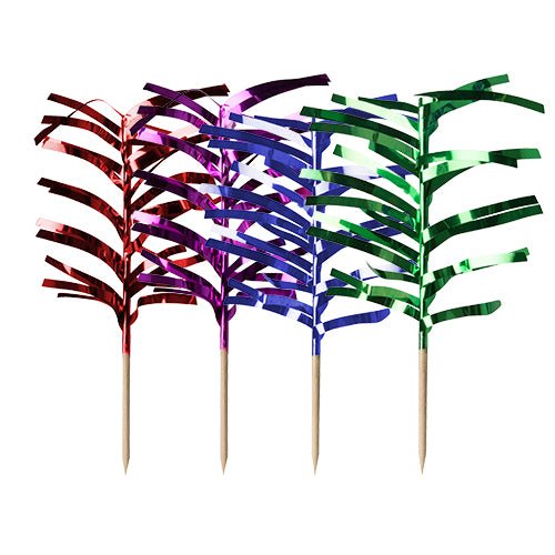 Four metallic foil palm cupcake toppers in the colors red, purple, blue, and green by PAPSTAR 144 assorted color decoration picks by PAPSTAR GmbH are attached to wooden toothpicks and arranged in a row on a white background.