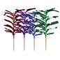 Four metallic foil palm cupcake toppers in the colors red, purple, blue, and green by PAPSTAR 144 assorted color decoration picks by PAPSTAR GmbH are attached to wooden toothpicks and arranged in a row on a white background.