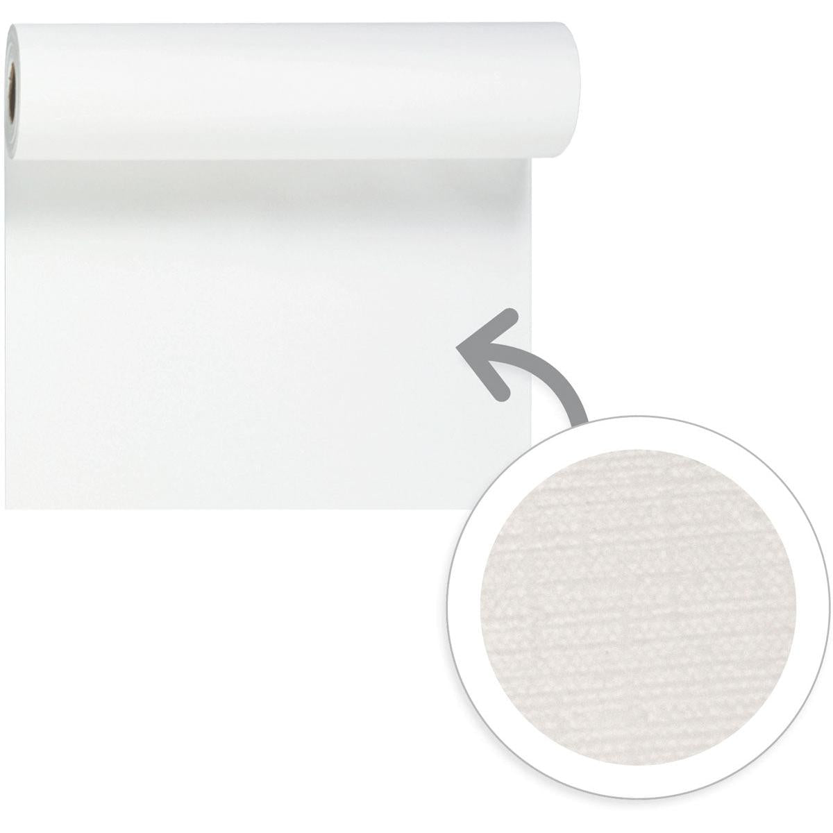 A roll of plain white Evolin table runner Tête-à-Tête 24 m x 0.41 m (20 sections) from Duni GmbH is unrolled downward. An arrow highlights a circular close-up revealing the subtle, textured surface pattern of the table decoration.