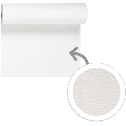 A roll of plain white Evolin table runner Tête-à-Tête 24 m x 0.41 m (20 sections) from Duni GmbH is unrolled downward. An arrow highlights a circular close-up revealing the subtle, textured surface pattern of the table decoration.