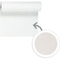 A roll of plain white Evolin table runner Tête-à-Tête 24 m x 0.41 m (20 sections) from Duni GmbH is unrolled downward. An arrow highlights a circular close-up revealing the subtle, textured surface pattern of the table decoration.