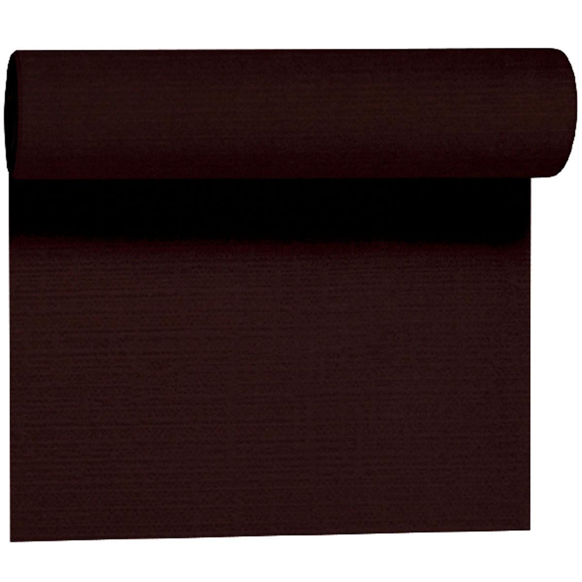 A partially unrolled roll of Duni GmbH Evolin table runner Tête-à-Tête (24 m x 0.41 m, 20 sections) reveals its textured dark brown fabric as an elegant table decoration, with the rolled-up part visible at the top.