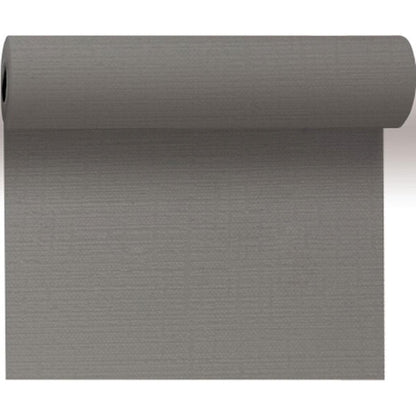 A roll of plain gray textured wallpaper is unrolled, showing its matte surface - ideal for a neutral background or in combination with the Evolin table runner Tête-à-Tête 24 m x 0.41 m (20 sections) from Duni GmbH as an elegant table decoration.
