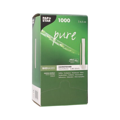 The green PAPSTAR toothpick "pure" box contains 1000 round wooden toothpicks (6.5 cm), hygienically packaged with multilingual product information and a toothpick image on the packaging. Brand: PAPSTAR GmbH.