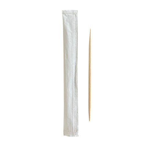A PAPSTAR toothpick "pure" round, 6.5 cm made of wood, lies next to its white paper sleeve on a white background; packaging unit: dispenser box with 1000 pieces from PAPSTAR GmbH.