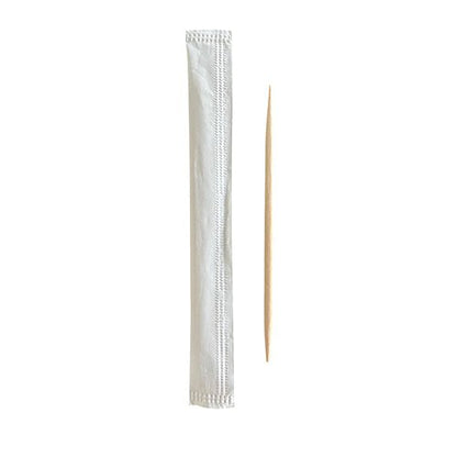 A PAPSTAR toothpick "pure" round, 6.5 cm made of wood, lies next to its white paper sleeve on a white background; packaging unit: dispenser box with 1000 pieces from PAPSTAR GmbH.