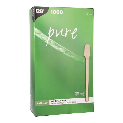 A green PAPSTAR "pure" box from PAPSTAR GmbH with 1000 splinter-free, naturally light 13 cm stirring sticks made of wood is equipped with a single stick photo and indicates that the product is bio-based and made of wood.