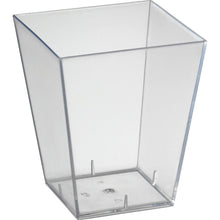 A clear, square plastic cup called "Square," large, transparent PS, manufactured by Duni GmbH, with straight sides and a flat bottom, photographed against a white background.
