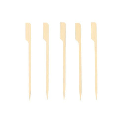 Five PAPSTAR 250 finger food skewers "pure" by PAPSTAR GmbH with flat, angled wooden ends are arranged vertically and evenly against a white background - ideal for your next party buffet or finger food presentation.