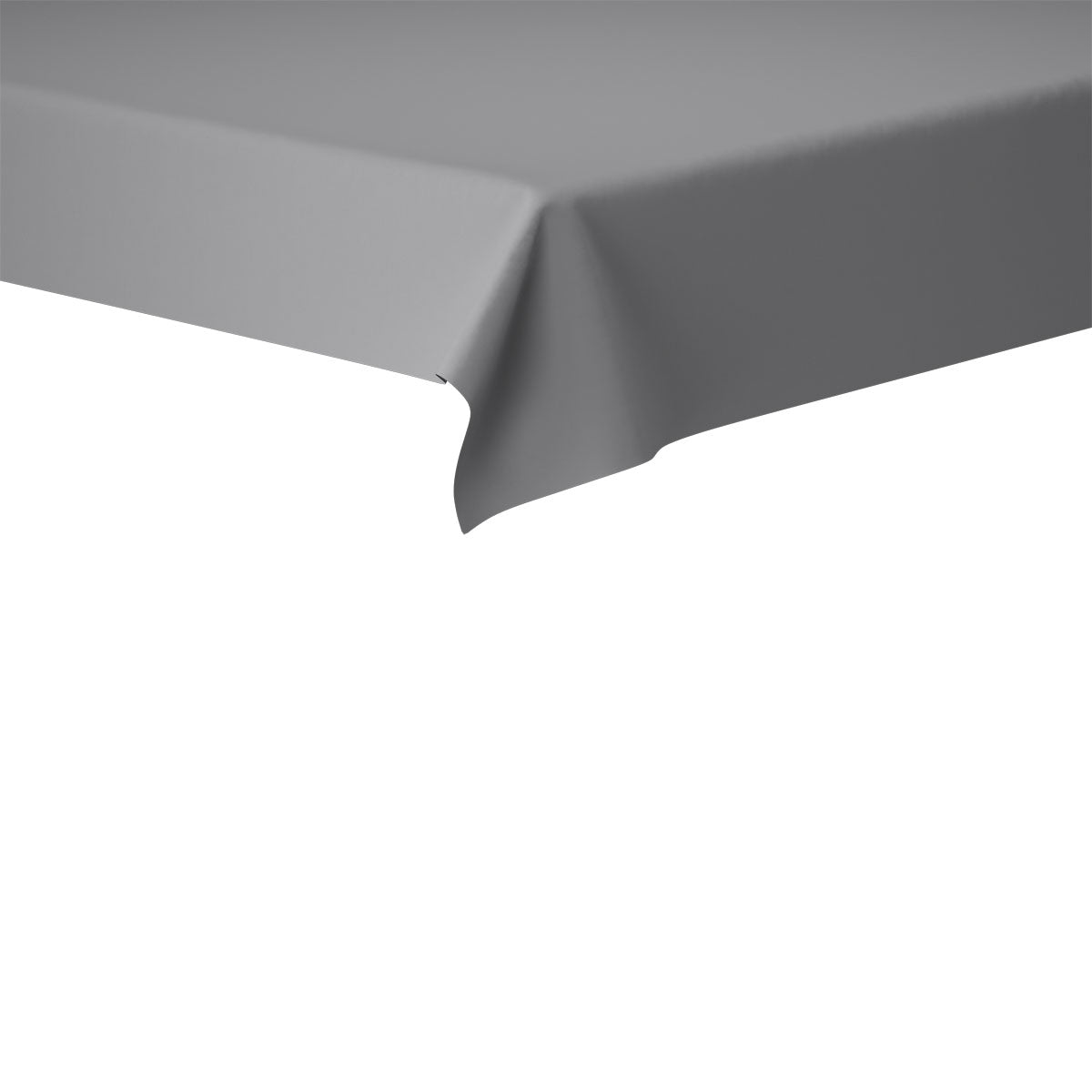 A close-up shows the corner of a rectangular table covered with a solid gray Evolin tablecloth 127 x 127 cm by Duni GmbH, with both the table edge and the fabric clearly visible.