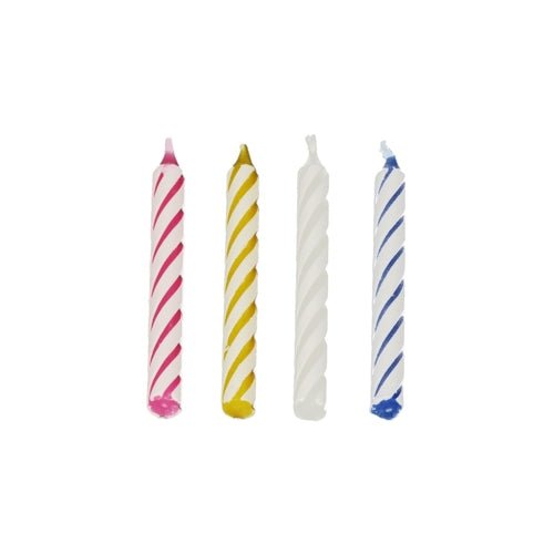 Four PAPSTAR birthday candles 6 cm, assorted colors (Pink, Yellow, White, Blue), by PAPSTAR GmbH stand side by side on a white background. The candles are part of a folding box with 144 pieces.
