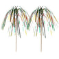Two metallic colorful decoration picks of type PAPSTAR 100 from PAPSTAR GmbH with long, thin strands on wooden sticks, fanned out like fireworks - ideal for stylish buffets or presentations - on a white background.