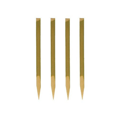 Four PAPSTAR finger food skewers (11 cm, natural wood) from PAPSTAR GmbH are arranged vertically against a white background - each with a pointed end and flat top. Perfect for parties, these 200-piece trays are sustainable and biodegradable.