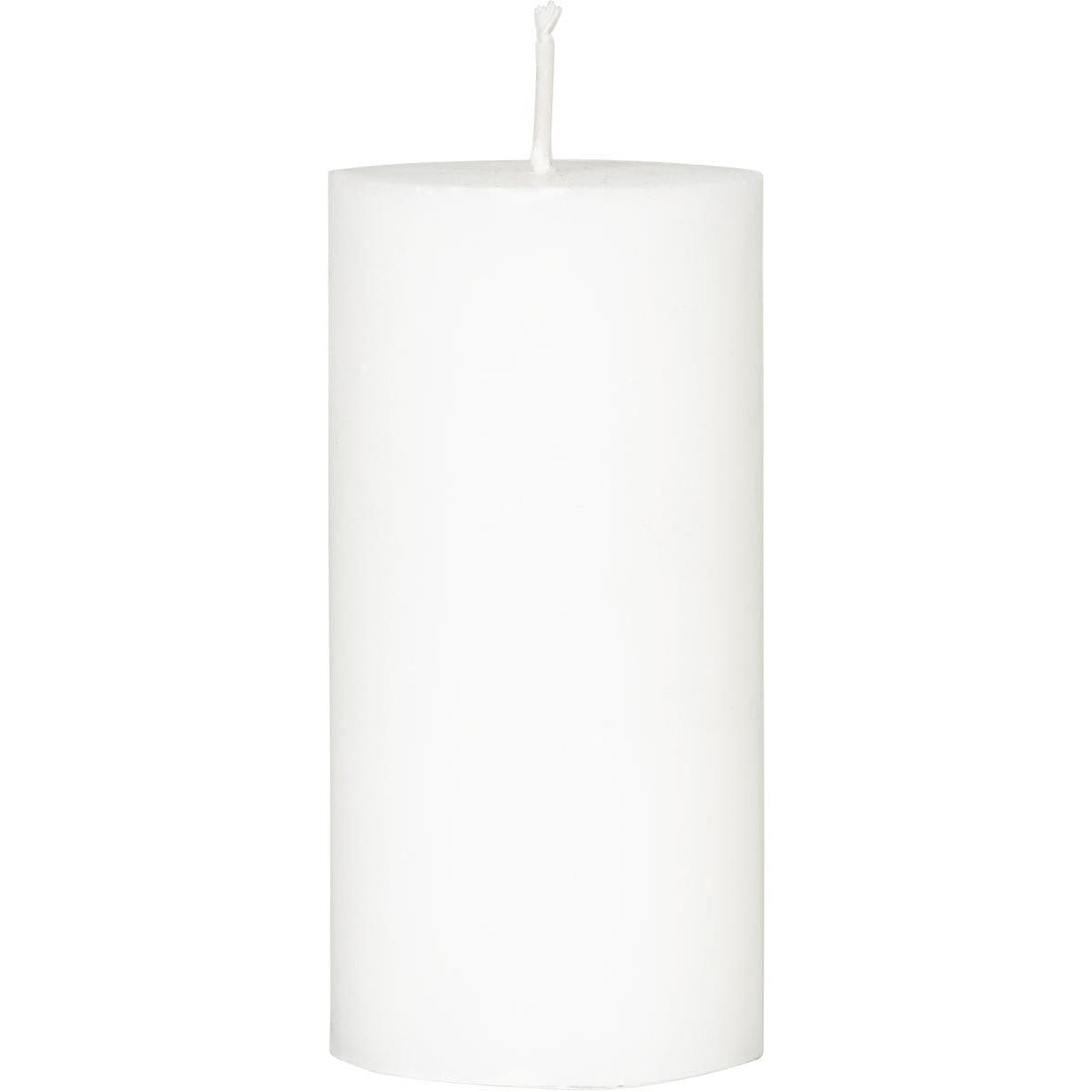 A Duni GmbH pillar candle made of stearin (white, 100x50mm) stands upright against a white background. The candle is odorless, has a wick, and offers up to 50 hours of burn time per piece.