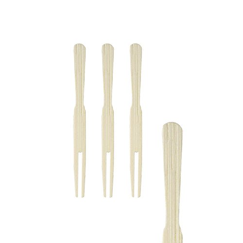 Four PAPSTAR finger food skewers "pure" (8.5 cm) made of wood lie vertically on a white background, three close together and one at the right edge - perfect party accessories from PAPSTAR GmbH, can with 500 pieces.