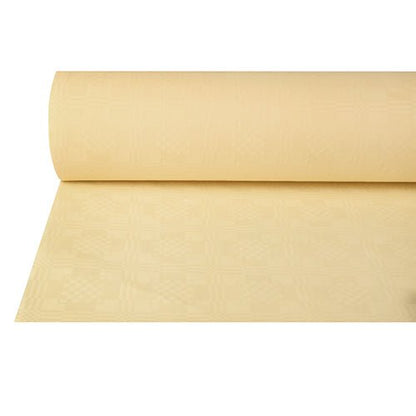 On a white background, a partially unrolled paper tablecloth with damask embossing (50 m x 1 m) from PAPSTAR GmbH in light yellow with a subtle check embossing is depicted.