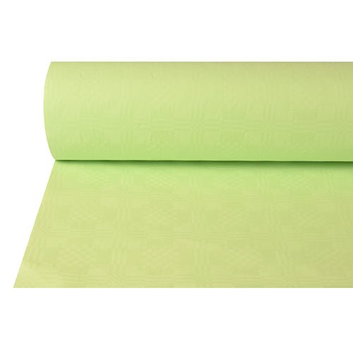 A partially unrolled PAPSTAR paper tablecloth with damask embossing (50 m x 1 m, PAPSTAR GmbH) in light green shows its smooth, subtly patterned surface – ideal for festive occasions. The background is white.