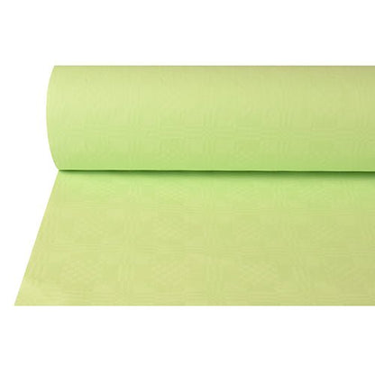 A partially unrolled PAPSTAR paper tablecloth with damask embossing (50 m x 1 m, PAPSTAR GmbH) in light green shows its smooth, subtly patterned surface – ideal for festive occasions. The background is white.