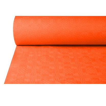 A partially unrolled PAPSTAR paper tablecloth with damask embossing (50 m x 1 m) from PAPSTAR GmbH in bright orange with a subtle square and line pattern, perfect for festive occasions. Pictured on a plain white background.