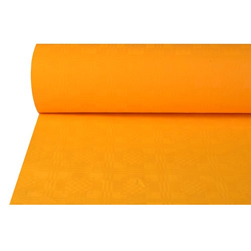 The paper tablecloth with damask embossing (50 m x 1 m) from PAPSTAR GmbH in bright orange, partially unrolled on a white background, offers a smooth surface with elegant embossing – ideal for festive occasions.