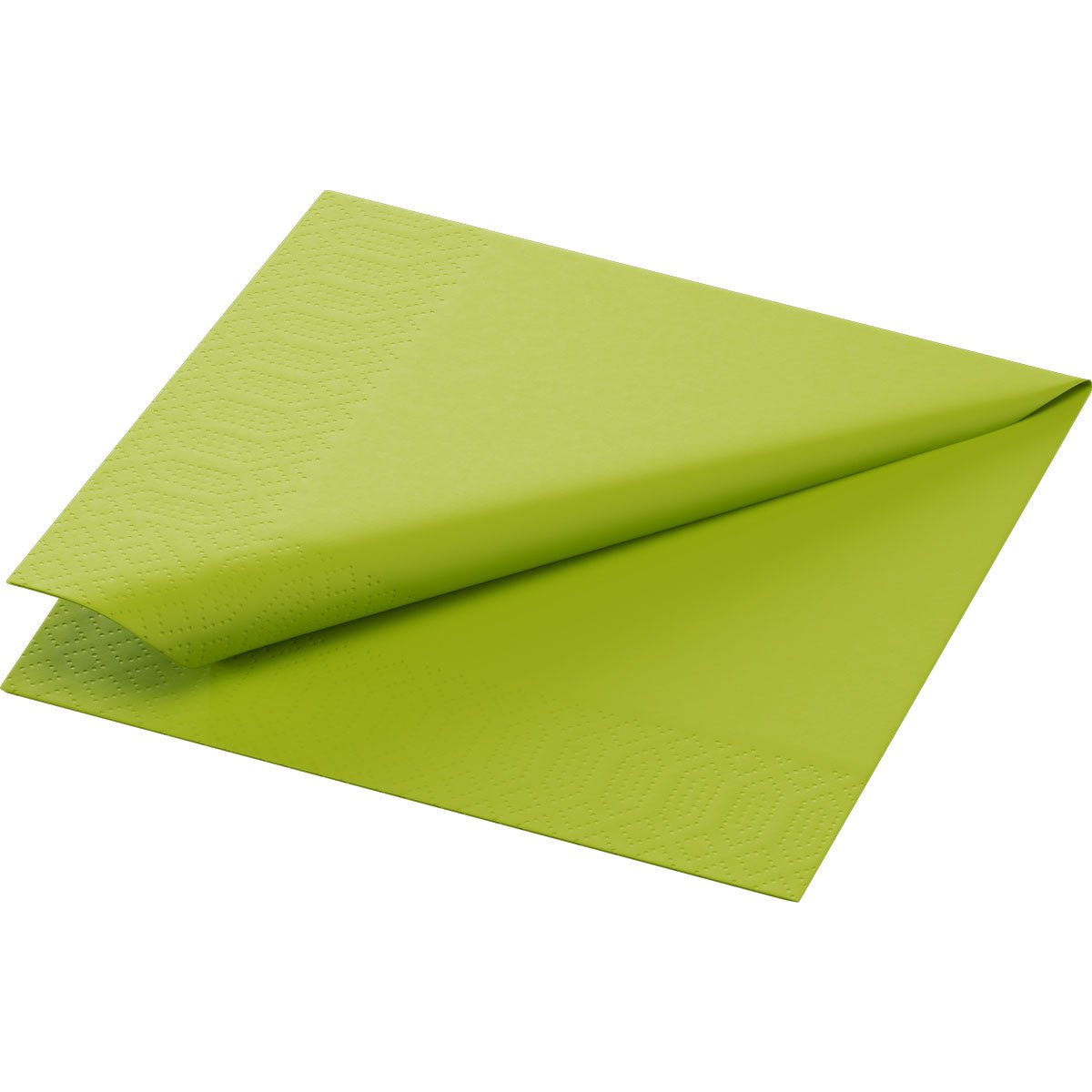 A single light green Duni GmbH cell plate 24x24 cm, 3-ply, kiwi paper napkin from a 250-pack, partially unfolded to show embossed edge patterns.
