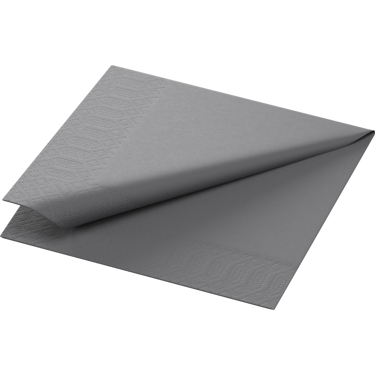 A single Duni GmbH Cellulose Napkin 24x24 cm, 3-ply Granite Gray from a pack of 250 is partially unfolded on a white background and shows a subtle geometric embossing pattern on the edge.