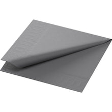 A single Duni GmbH Cellulose Napkin 24x24 cm, 3-ply Granite Gray from a pack of 250 is partially unfolded on a white background and shows a subtle geometric embossing pattern on the edge.